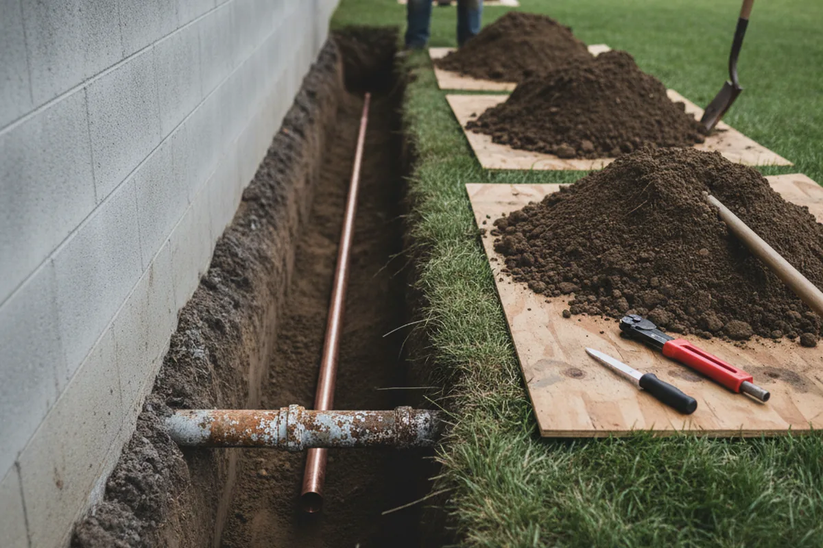 Excavated water line trench during Water Softener Installation in Foosland